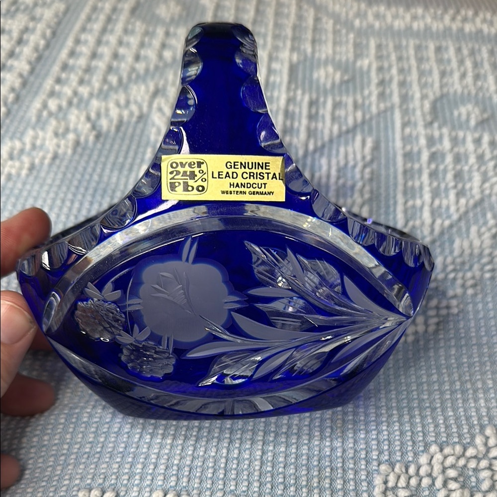 Genuine Lead Crystal Blue Basket hand cut in Western Germany!